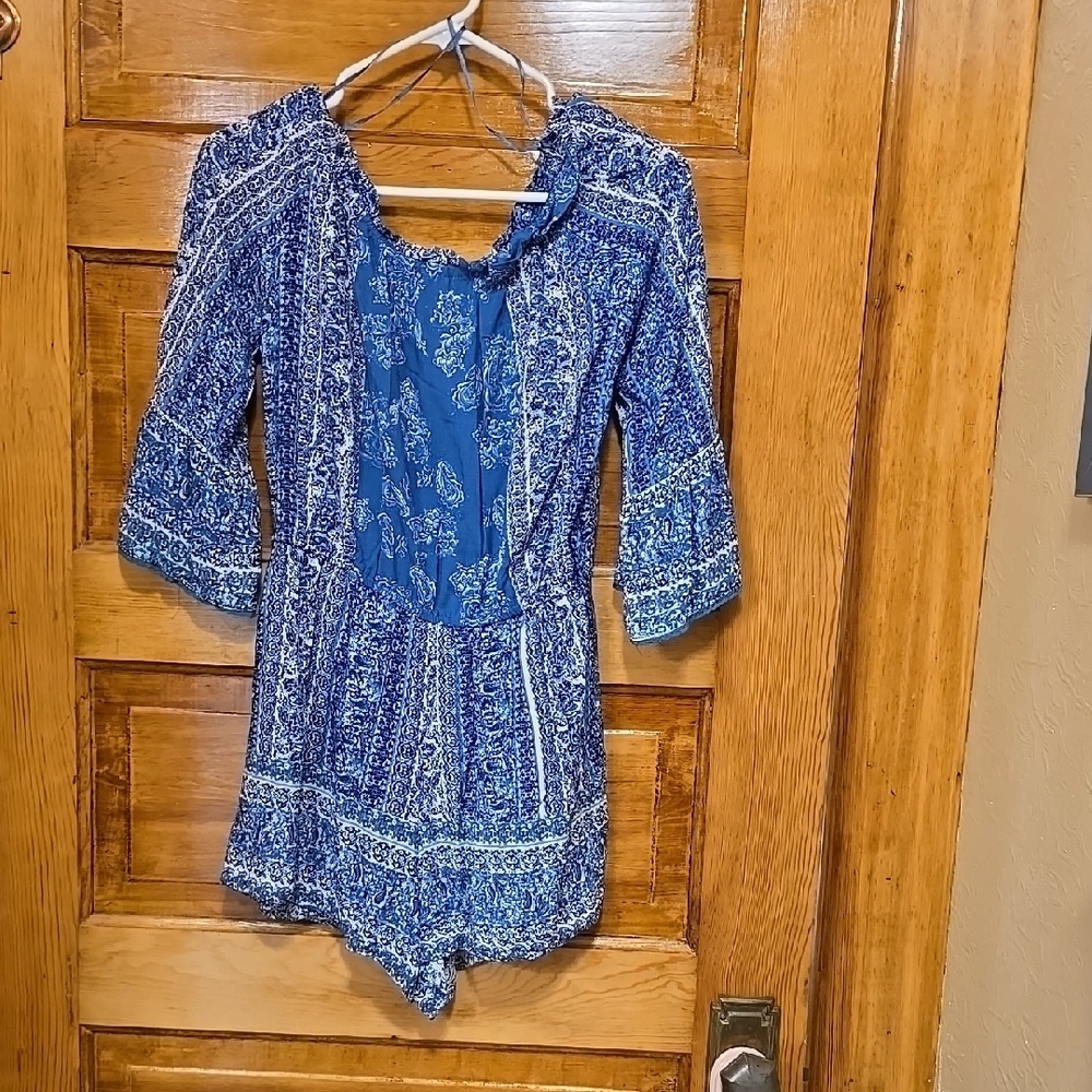 Angie Blue 3/4 Sleeve Boho Romper M - Picture 3 of 4